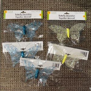 Blue and Yellow Butterfly Decorations 2 yellow 3 blue NWT. Clips on back